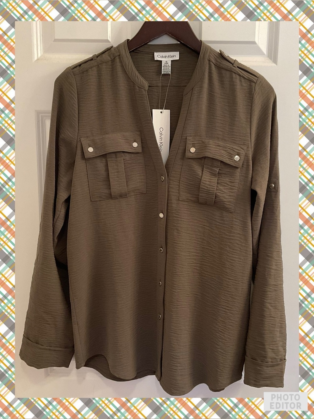 Calvin Klein Army Green Roll Tab Blouse  - NWT - Size Small